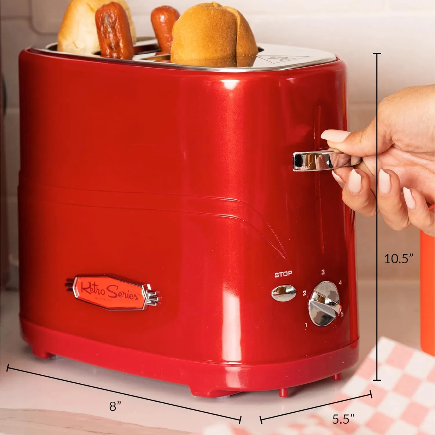Nostalgia 2-Slot Hot Dog and Bun Toaster with Mini Tongs, Retro Toaster