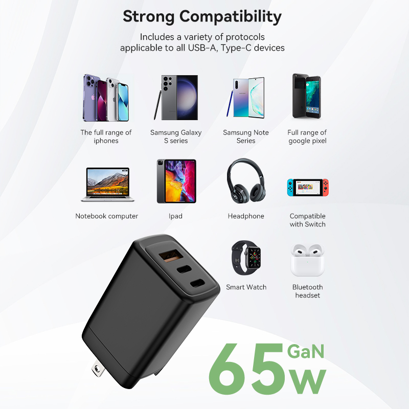 65W CE UL FCC Certified Wall Charger for Us Plugs