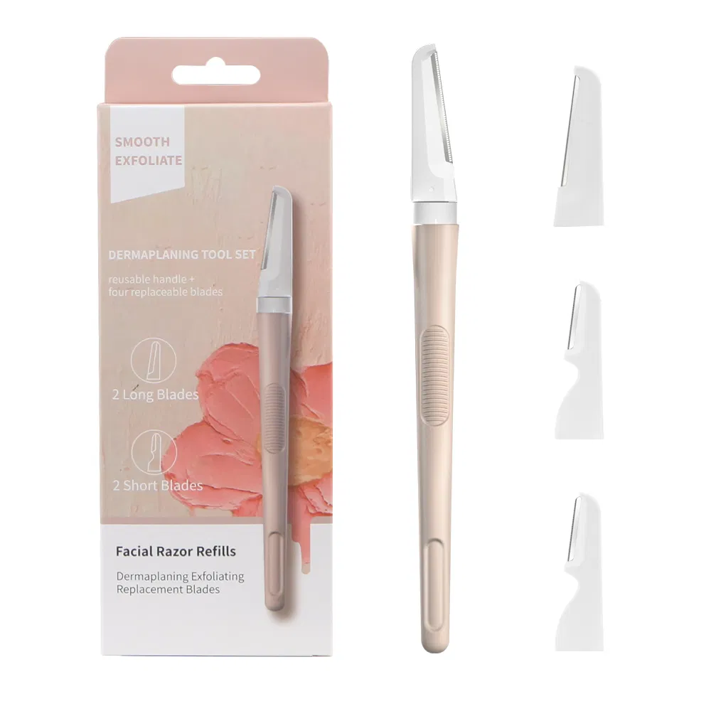 Peach Fuzz Facial Razor, Skin Guard Dermaplaning Exfoliating Refills, 4-Count Replacement Blades, Aluminum Eyebrow Trimmer 5 Colors