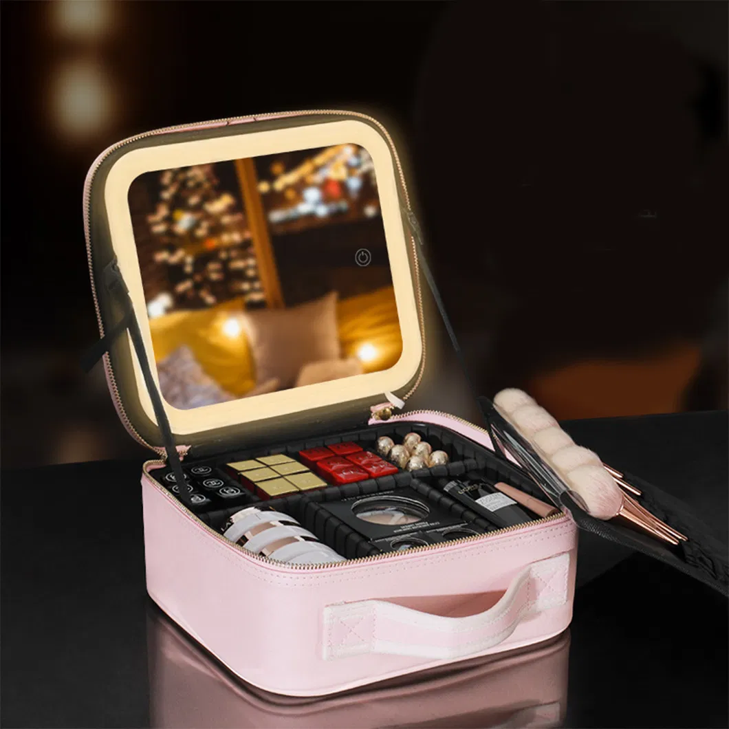 3 In1 PU Leather Portable Travel Makeup Bag Case Make up Bag with LED Light Mirror with Handle