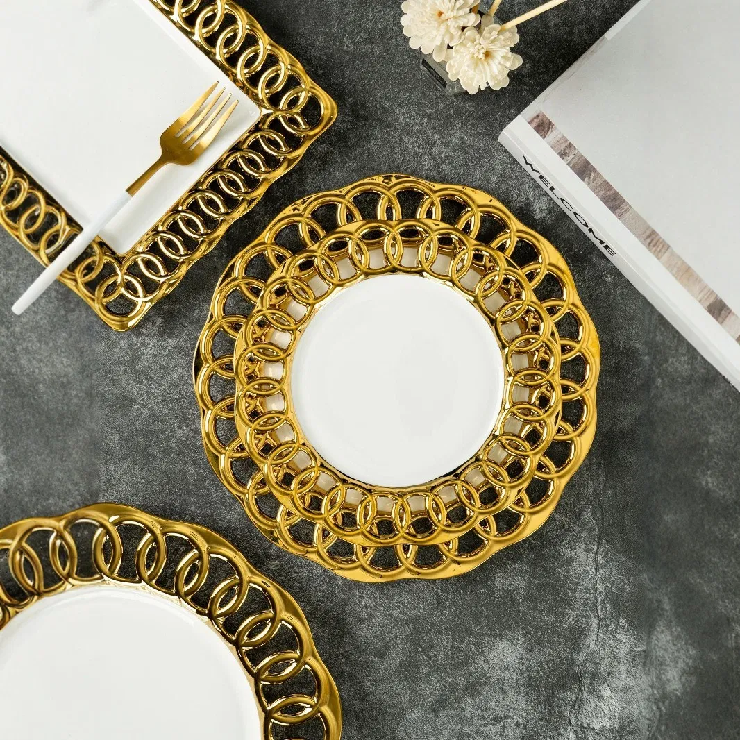 Gold Square Hollow Ceramic Charger Plates Luxury Wedding Dinnerware Set