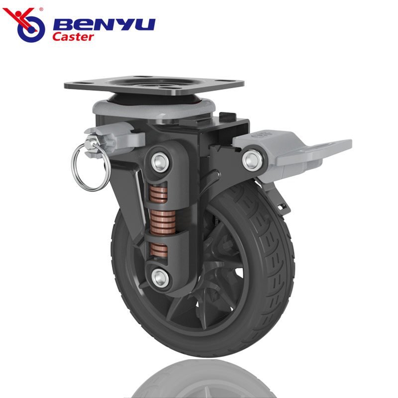 Benyu 4inch 100mm Black PU Medium Duty Spring Loaded Shock Absorber Caster Industrial Trolley Wheel
