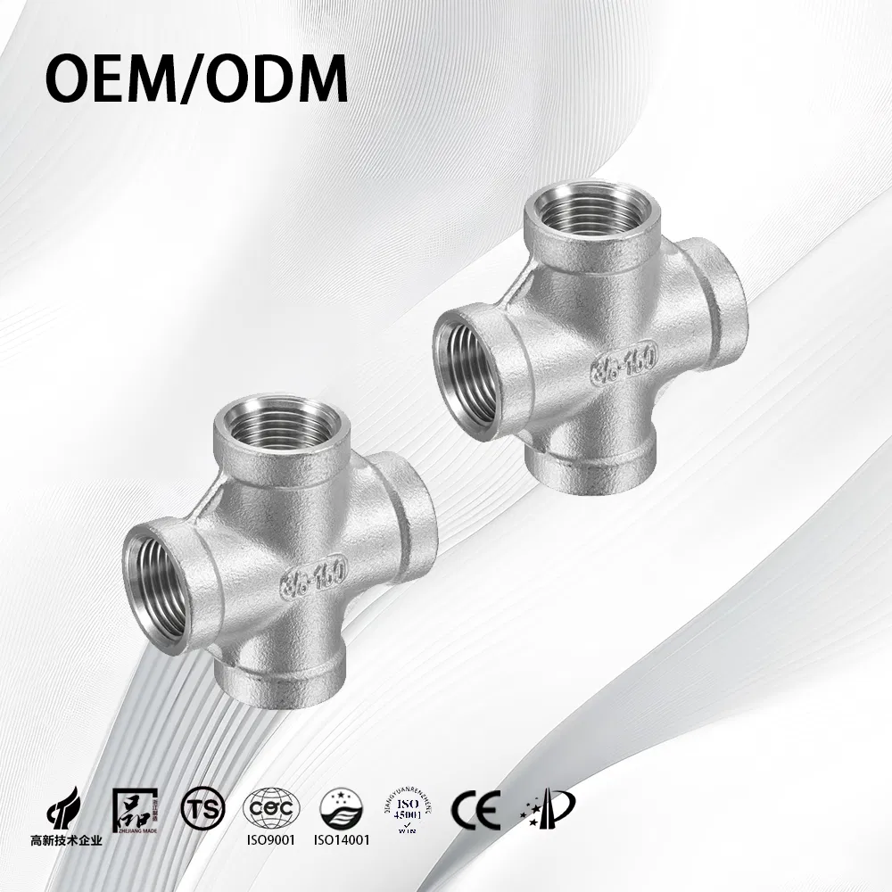 SS304/SS316L ASME B16.9 Customize Durable Seamless Thick-Walled NPT/Bsp Equal Cross with Sandblasting