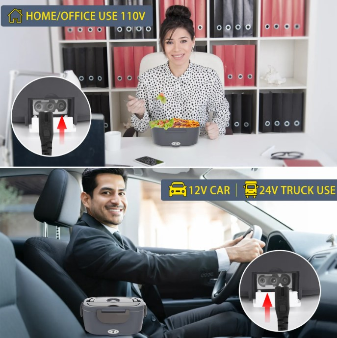 Electric Lunch Box for Adults, 80W Heated Lunch Box, 12V/24V/110V 1.5L Stainless Steel Portable Food Warmer Lunchbox