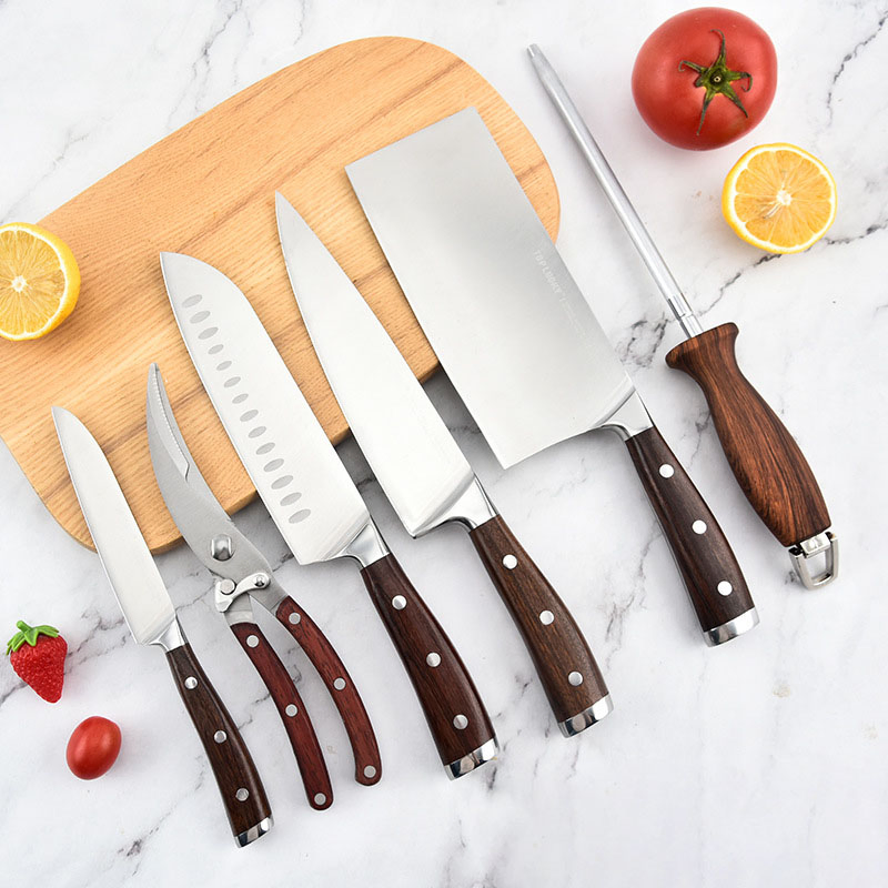Kitchen Knife Set with Wooden Base Stainless Steel Scissors Household Seven-Piece Set