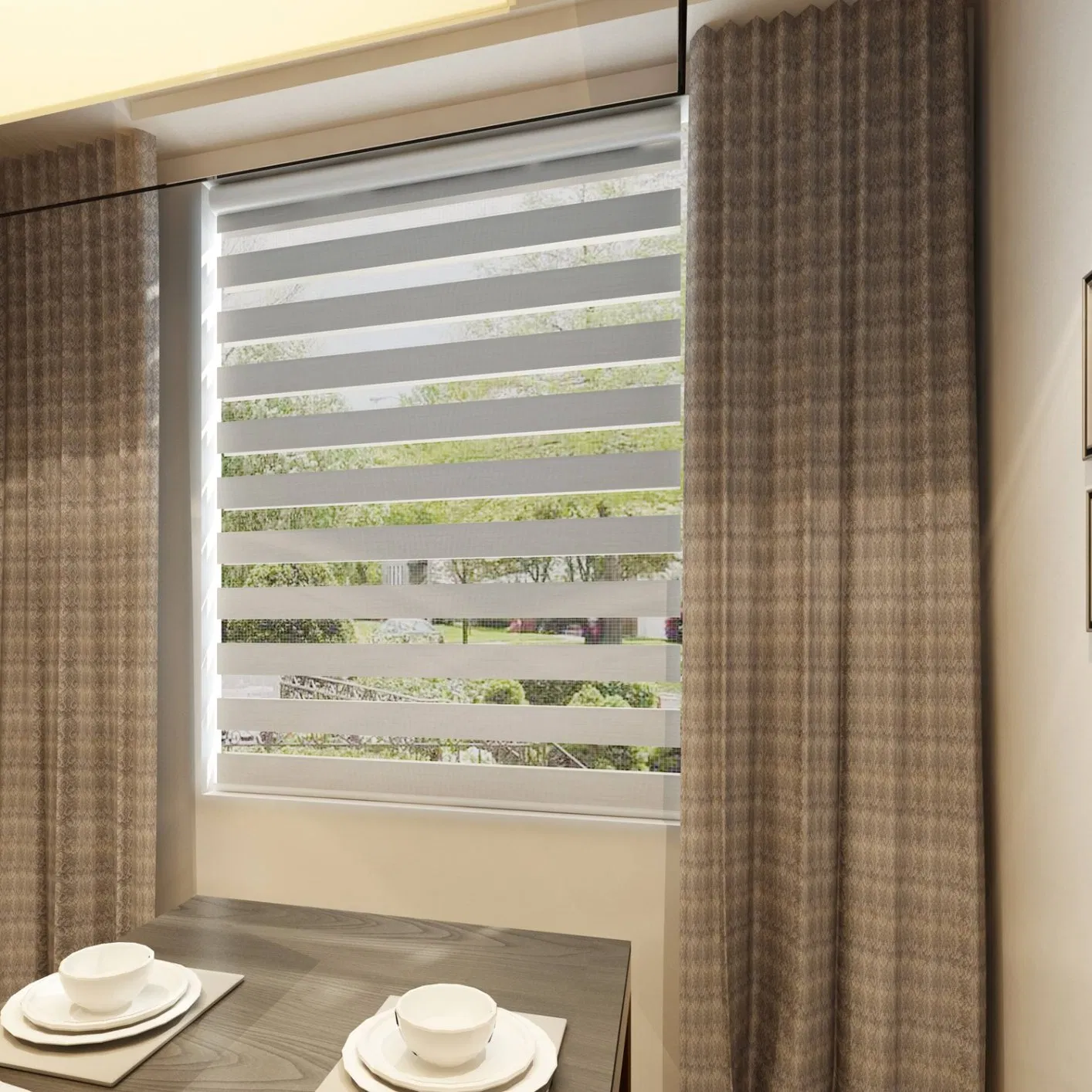 Indoor Motorized Window Blinds High-End Polyester Zebra Roller Blinds