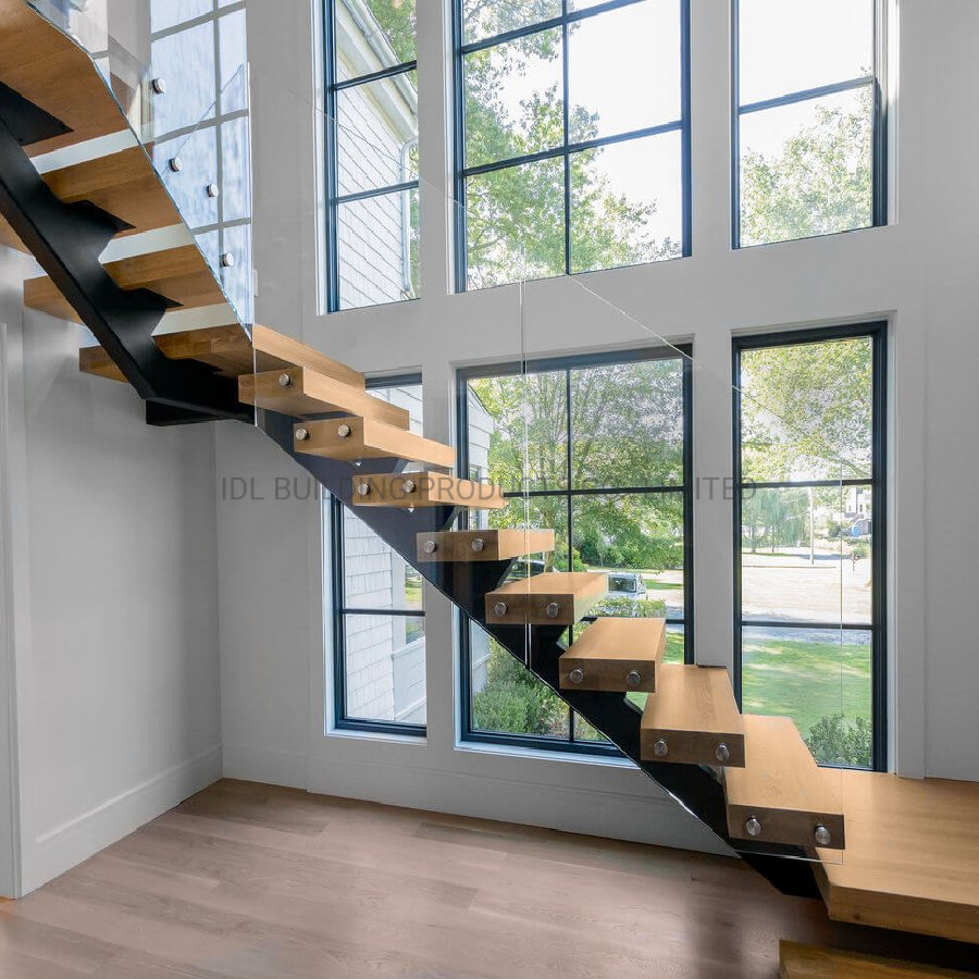 Modern Indoor Space Saving Glass Railing Stairs Stainless Steel Wooden Straight Staircase