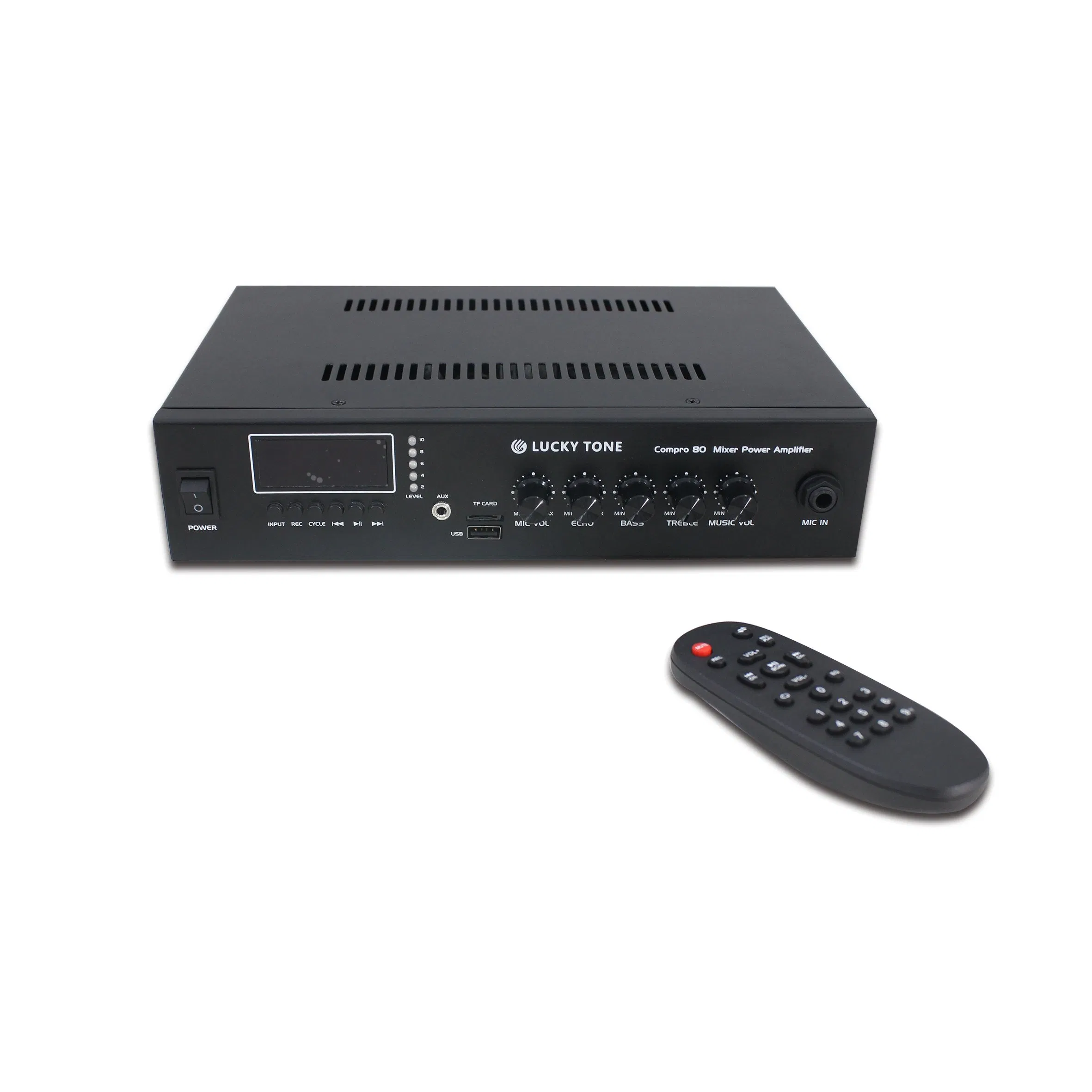 80W Mini Blue Tooth Mixer Amplifier with FM Tuner, TF Card, USB, Echo, Paging for Small Public Address System