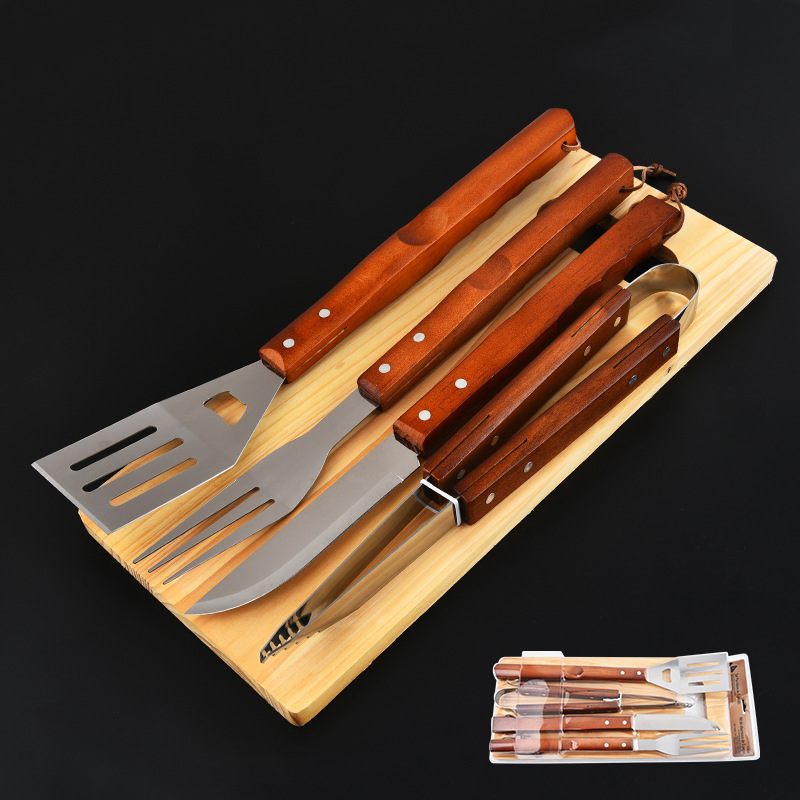 Outdoor BBQ and Summer Grilling Accessories with Wood Cutting Board 5PCS Wooden Handle Barbecue Tool Set