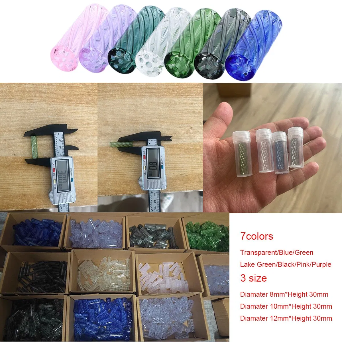D8*H30mm 7 Holes Colorful Spiral Smoking Glass Tips Smoke Glass Joint Filter Tips