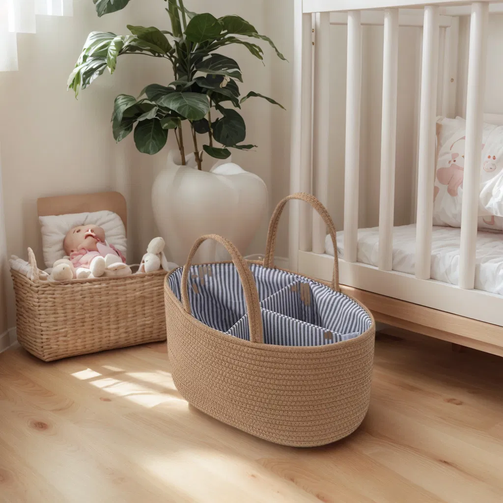 Customized Multifunction Woven Baby Diaper Basket Mummy Handbag Organization Bag Cotton Rope Woven Baby Nappy Caddy Organizer