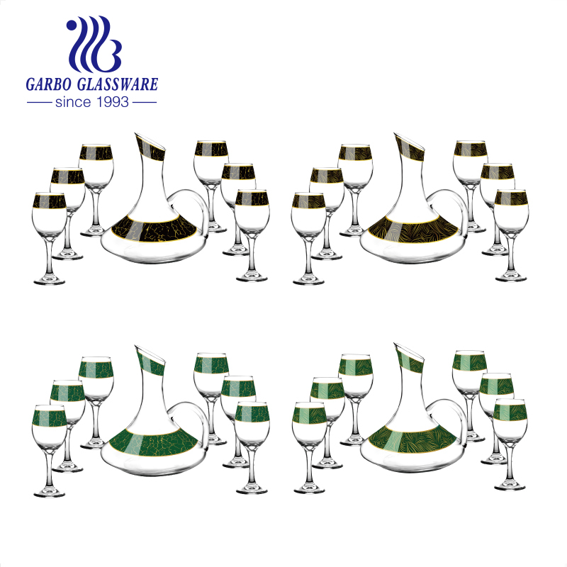 Stock 7PCS Glass Decanter Set Gold Decal Printing 1500ml Red Wine Glass Decanter with Glass Goblets Wine Glasses
