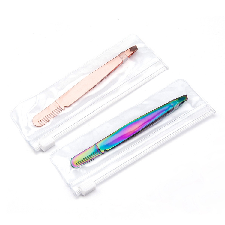 Professional 2 in 1 Hair Removal Trimming Custom Color Multifunction Stainless Steel Eyelash Tools Eyebrow Tweezers with Comb