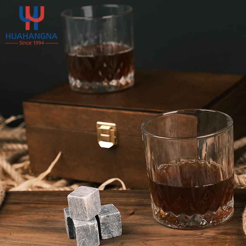 Professional Luxury Bar Accessories Whiskey Granite Stone Gift Set with 2 Glasses in Pine Wood Gift Case Best