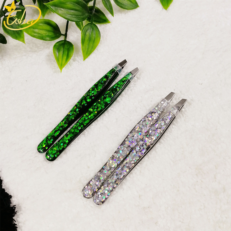 Professional Colorful Shinnning Epoxy Slant Tip Eyebrow Tweezer