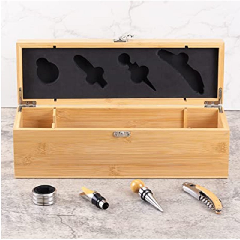 Wine Box with 4 Wine Accessories Set, Bamboo Wine Case with Tools Set
