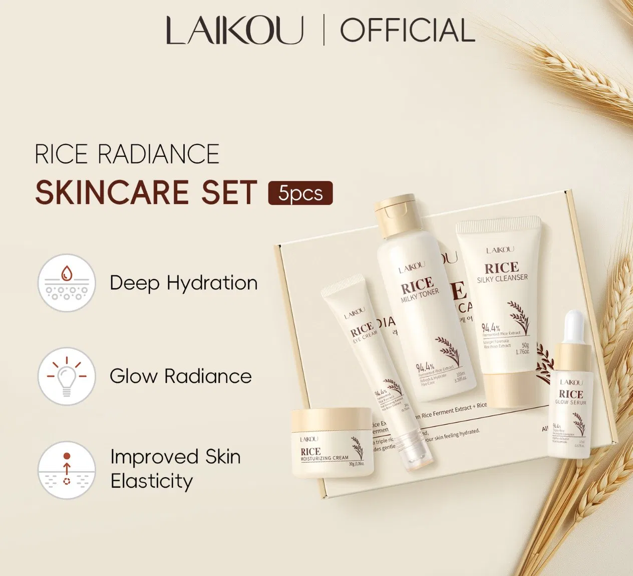 5PCS Rice Skincare Set Glow Serum Silk Cleanser Toner Eye Cream Brightening Face Set Facial Whitening Set for Women Rice Radiant Glow Moisturizing Skincare Set
