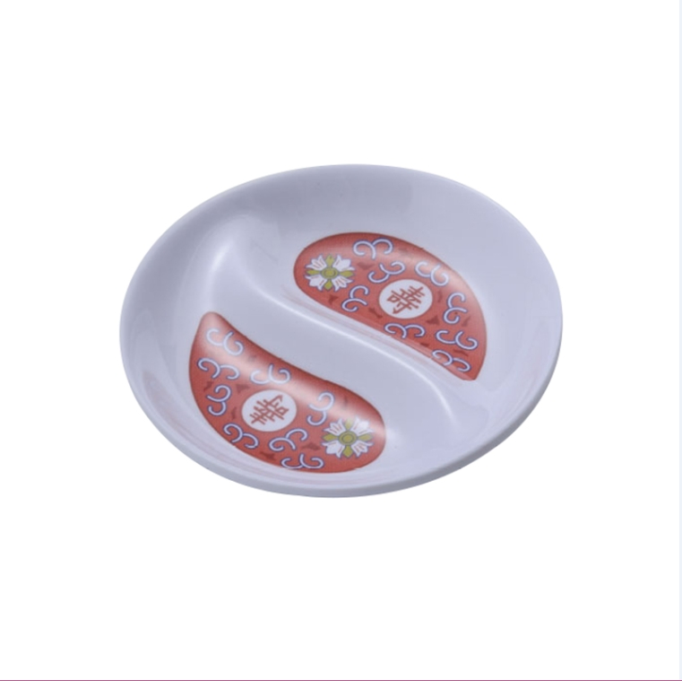 Wholesale Bulk Red Melamine 2-Divided Round Dipping Sauce Dish for Restaurant
