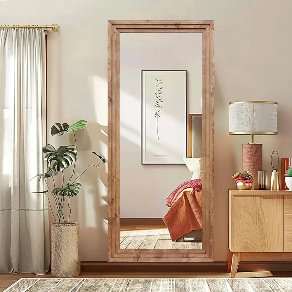 120*60 Cm Solid Wood Frame Floor Large Mirror for Living Room, Bedroom Hanging or Leaning Wall-Mounted, Light Brown