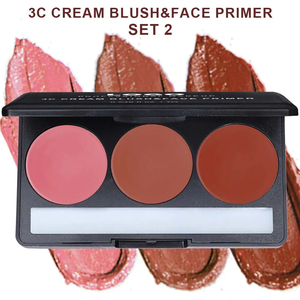3 Color Blush Palette with Face Primer No Logo Natural Vegan Organic Makeup Matte Waterproof Cream Blush Palette
