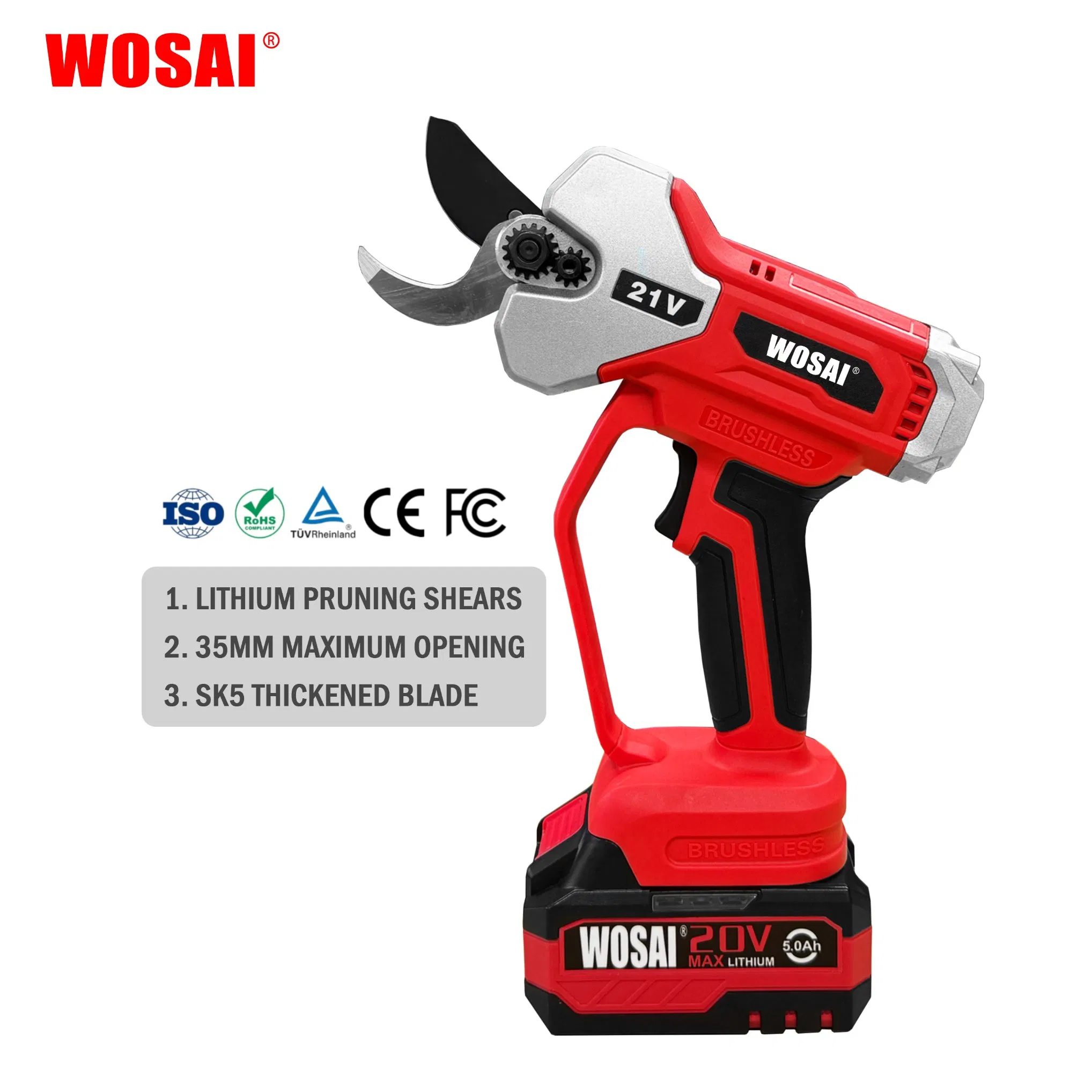 Wosai 20V Cordless Brushless Pruning Shears Energy-Saving Electric Branch Trimmer with Digital Display