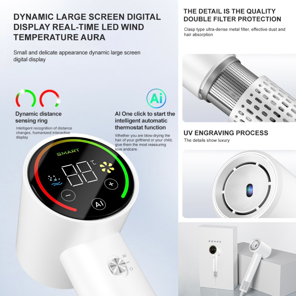 Seemagic Ai High-Speed Hair Dryer 110000 Rpm Negative Ionic Plasma Low Noise Personal Care Ai High-Speed Hair Dryer Hair Product Hairdryer