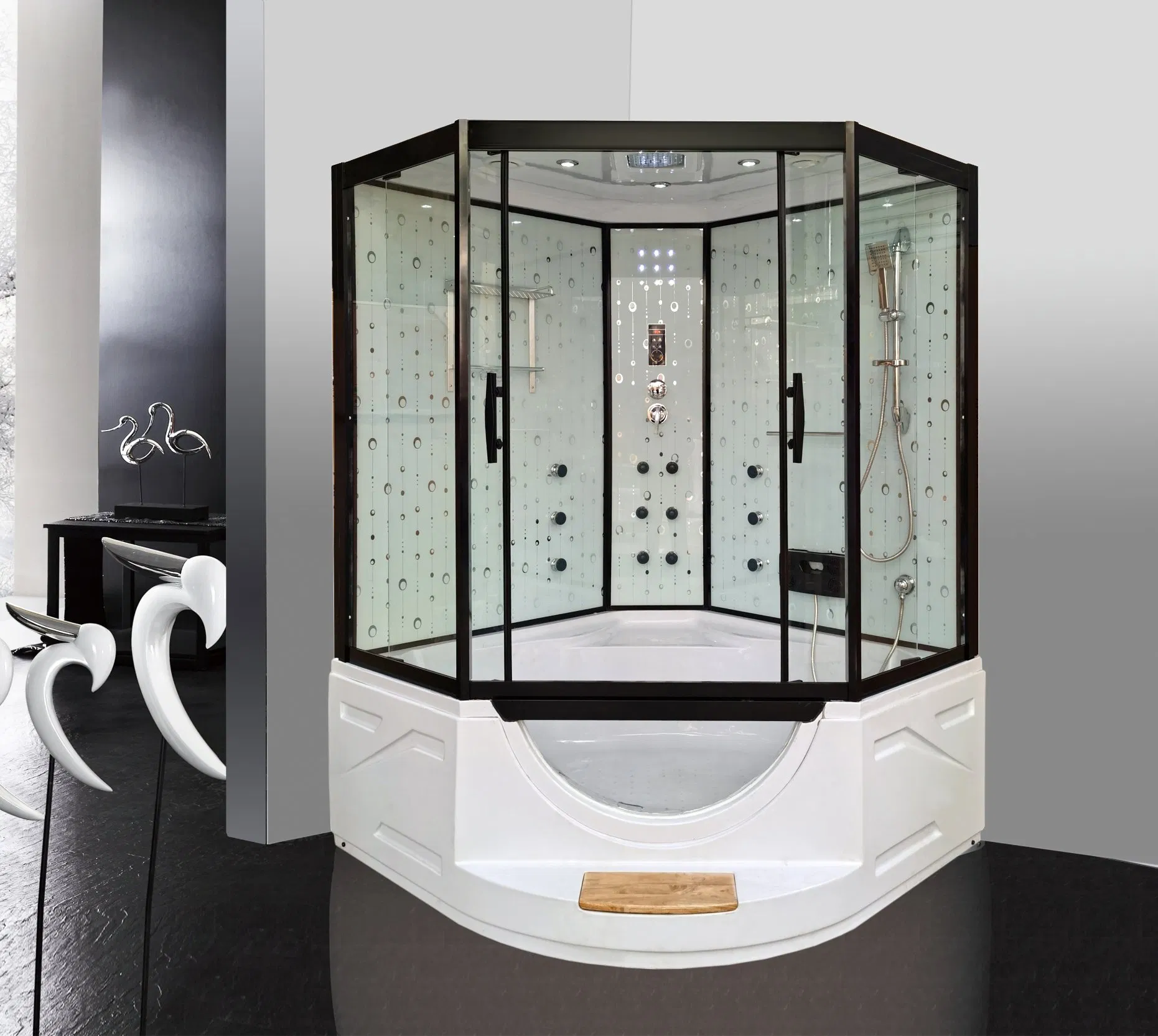 150*150 Cm Round Diamond Shape Foot Massage Jacuzzi Steam SPA Step Sliding Door Glass Aluminum Shower Enclosure with Step