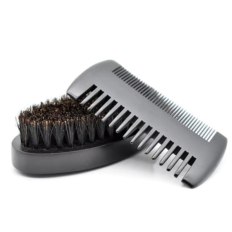 Private Label Custom Men Beard Grooming Kit Black Color Wooden Color Beard Comb Boar Bristle Hair Brush for Beard Care