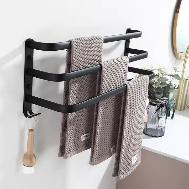 Stylish Matte Black Towel Rack with Hook for Bathrooms