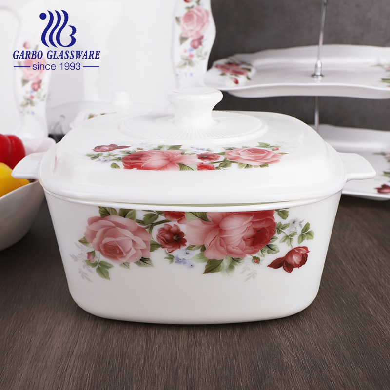 Promotion 75PCS Heat Resistant Home Tableware White Opal Glassware Dinner Set with Flower Decal