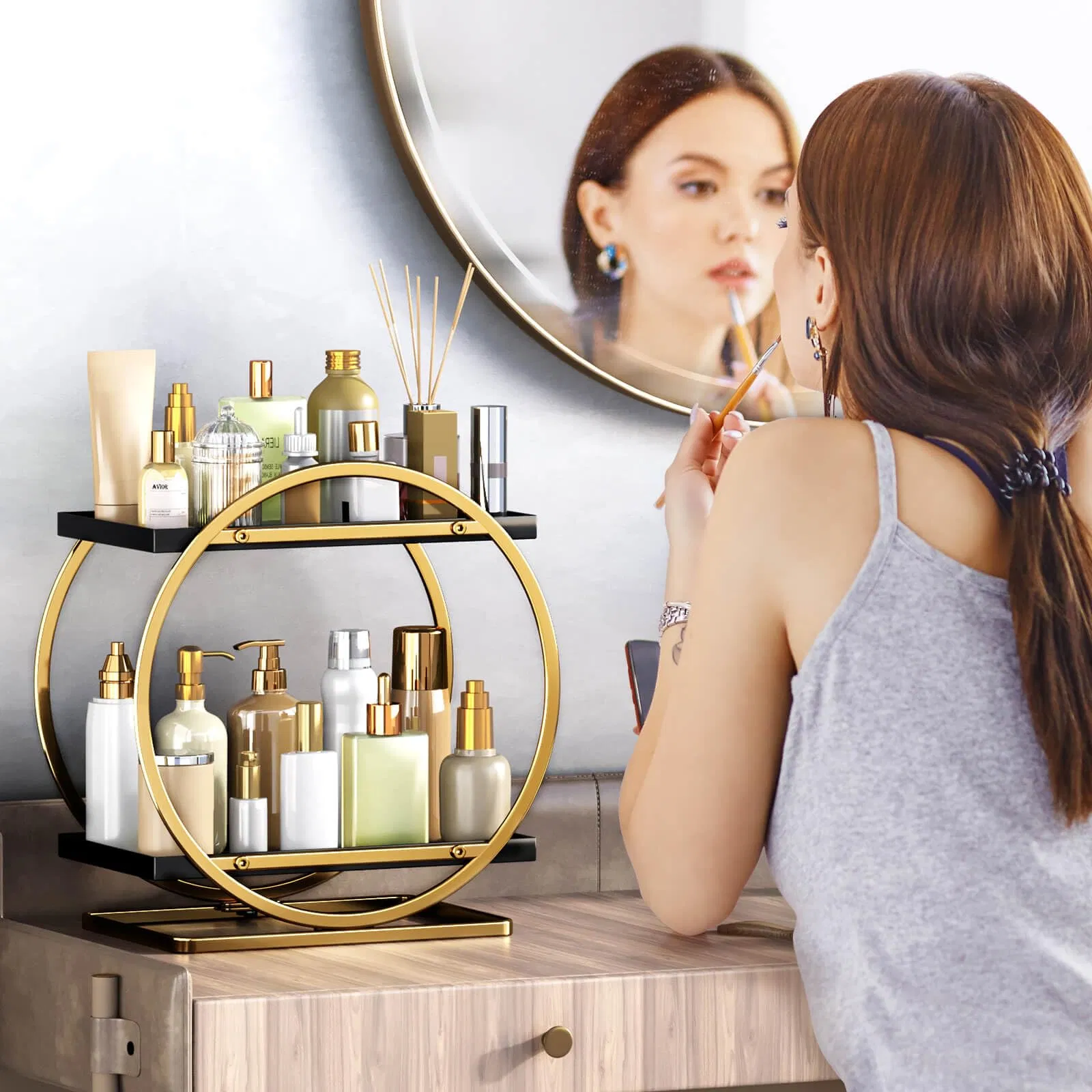 Makeup Organizer for Vanity Black Gold Perfume Dresser- 2 Tier Skincare Organizers