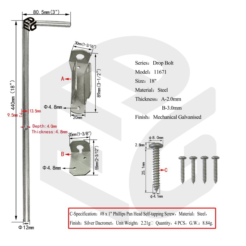Heavy Duty Drop Bolt for Doors & Gates, Blue Zinc Plated Steel Security Bolt
