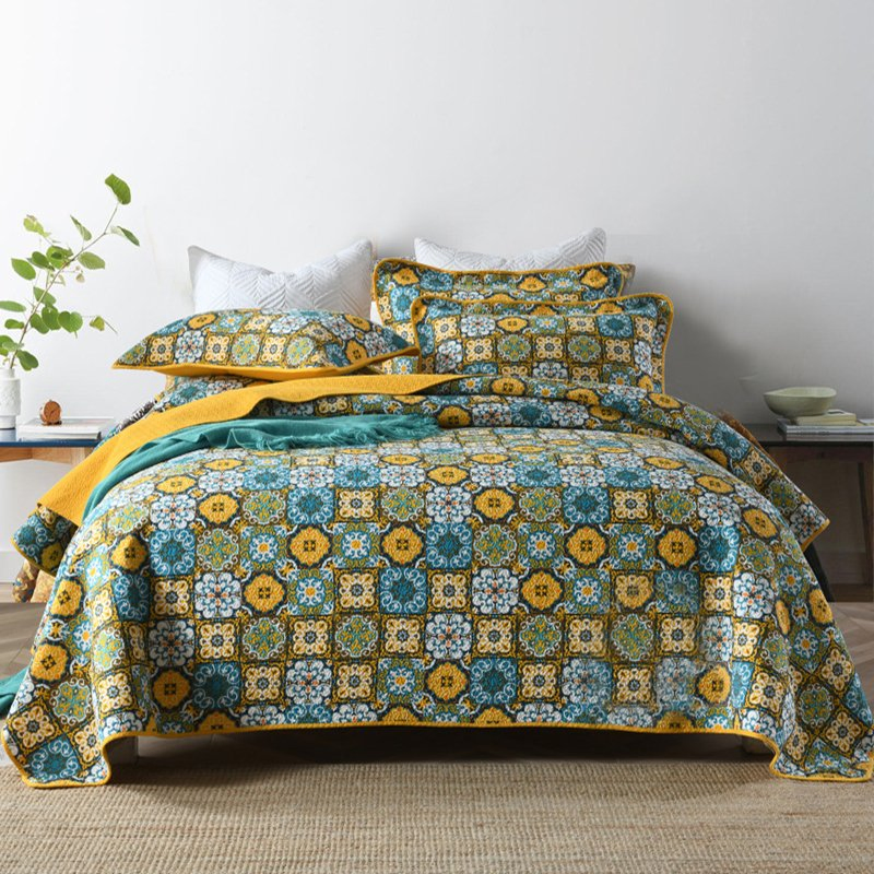 Reversible Bedspread Cotton Quilt Set Queen Lightweight Bedcover Print Coverlet 3PCS