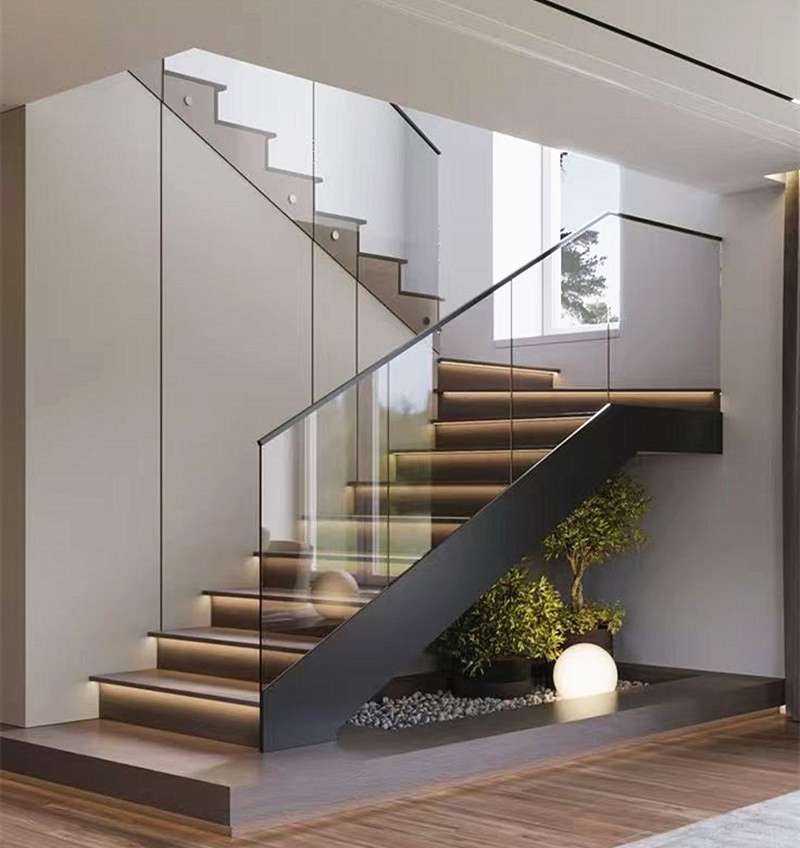 Modern Wooden Floating Hidden Cantilever Stairs Tempered Stringer Staircase with LED Light