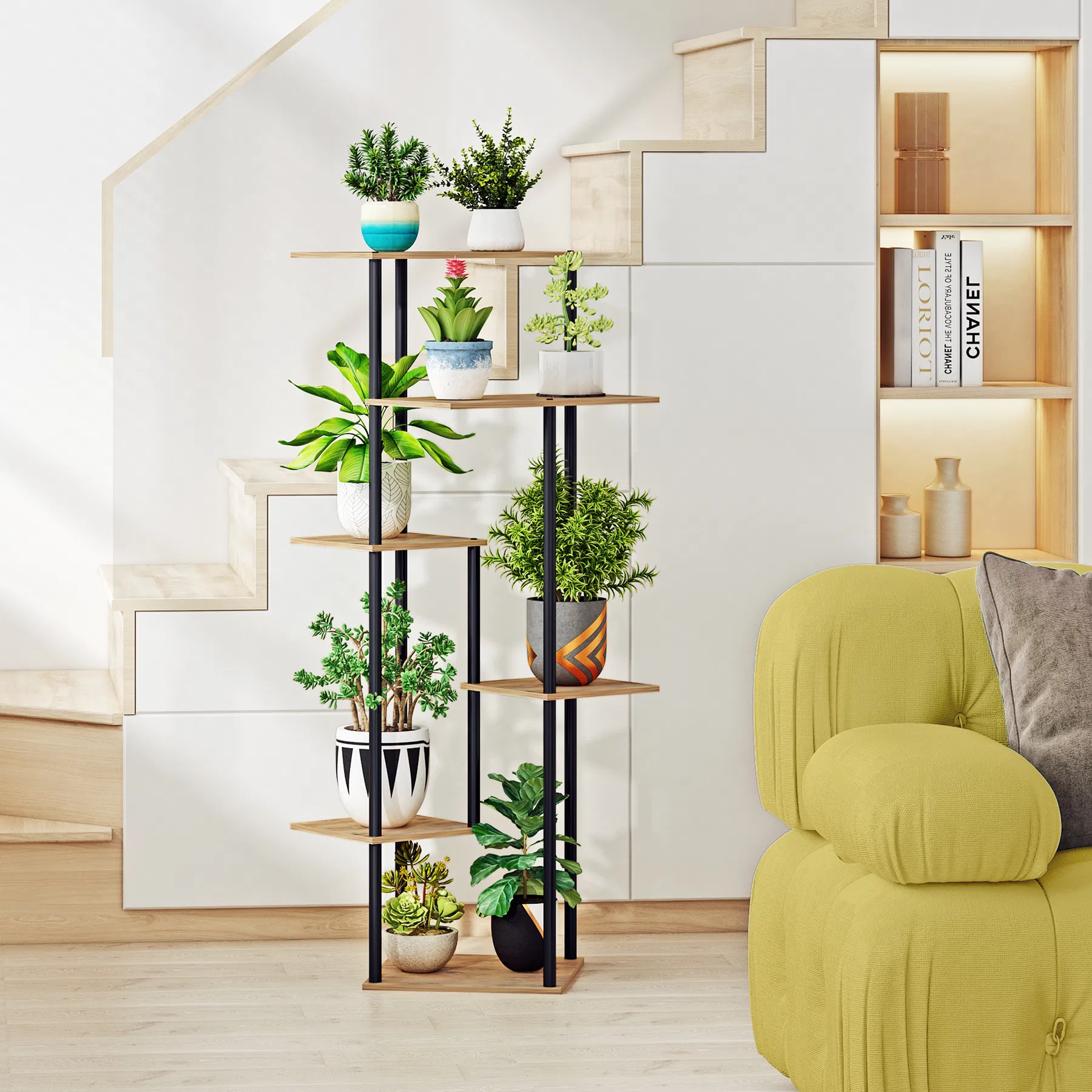 6-Tier Indoor Corner Brown Flower Pots Plant Rack Stand for Living Room