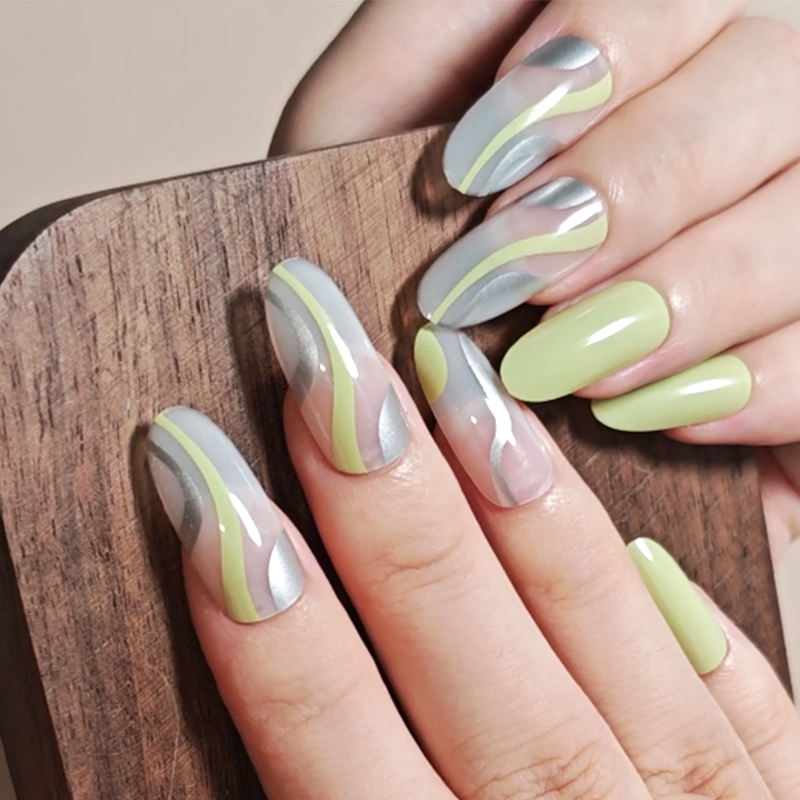 Custom Green Press-on Nails with Silver Charms for Wholesale