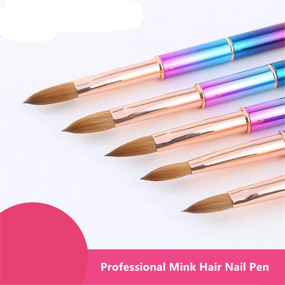 Wholesale Gradient Color Aluminum Handle Nail Pen Customized Logo Professional Nail Brush Nail Tools 100% Kolinsky Acrylic Brush