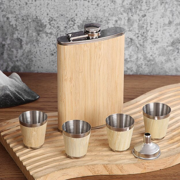 Portable Bamboo Flask Gift Set - Stainless Steel with Drinking Cups