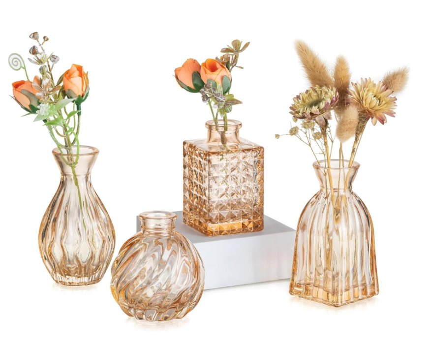 Glass Bud Vases for Centerpieces: Small Flower Vase Set of 4 Vintage Cute Mini Vases for Flowers Champagne Pink