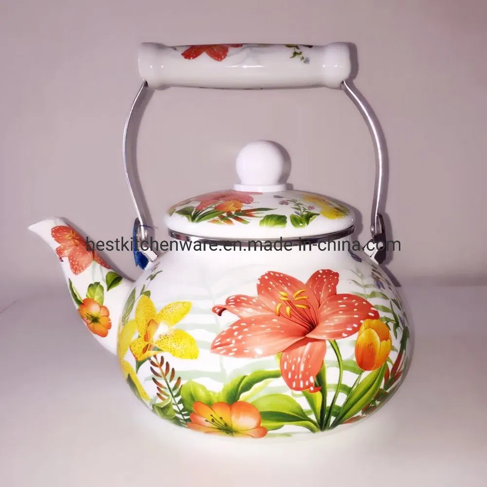 Full Coverage Floral Enamel Tea Pot with Ceramic Handle