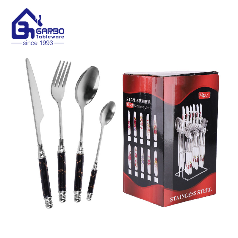 Wholesale 410 Stainless Steel 24PCS Cutlery Set with Colorful Marble Sleeve Handle Window Box Pack
