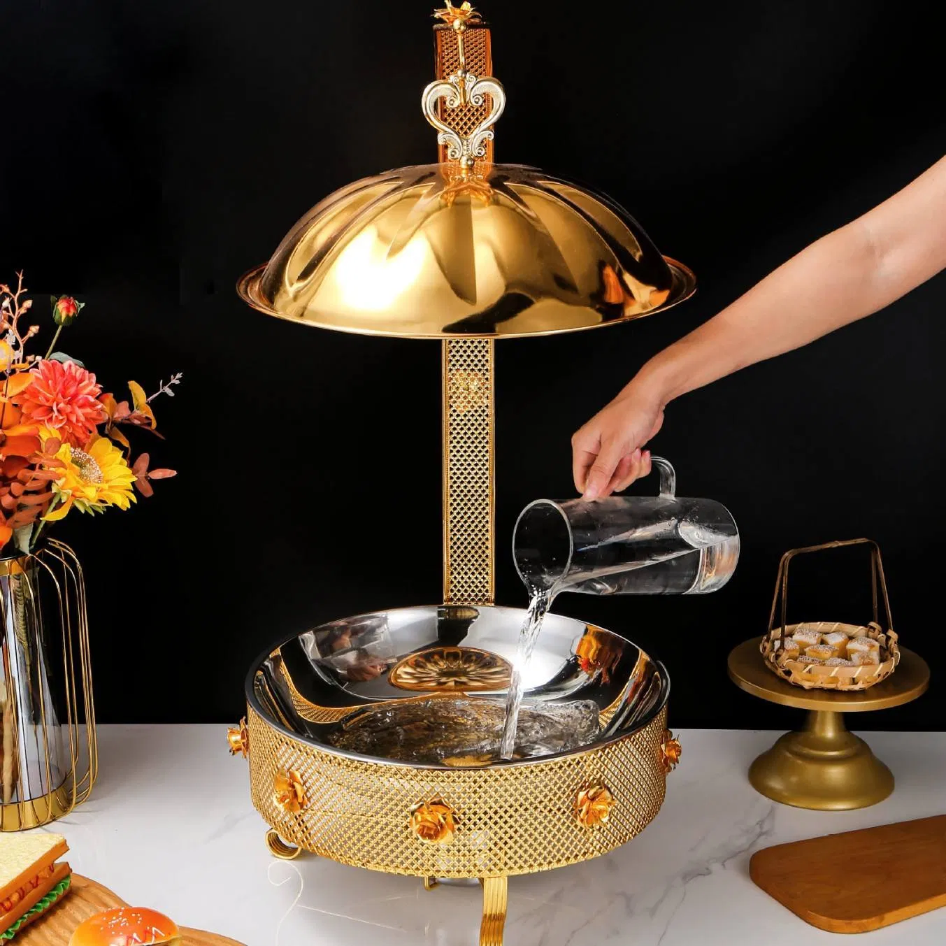 Big Size Stainless Steel Gold Hotel Restaurant Food Large Capacity Hot Pot Catering Buffet