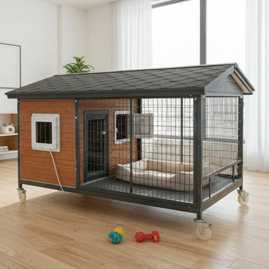 Odor-Controlled Wooden Dog Kennel with Ventilated Base and Double Sliding Door