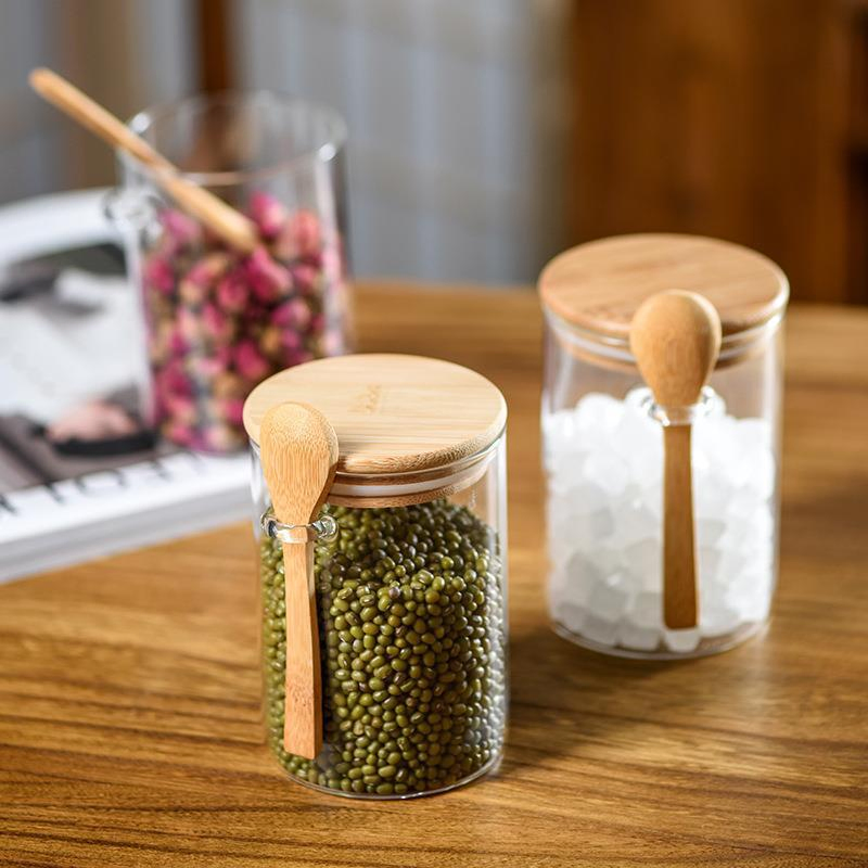 Glass Sealed Jar with Lid Storage Jar Food Storage Jar with Wooden Spoon