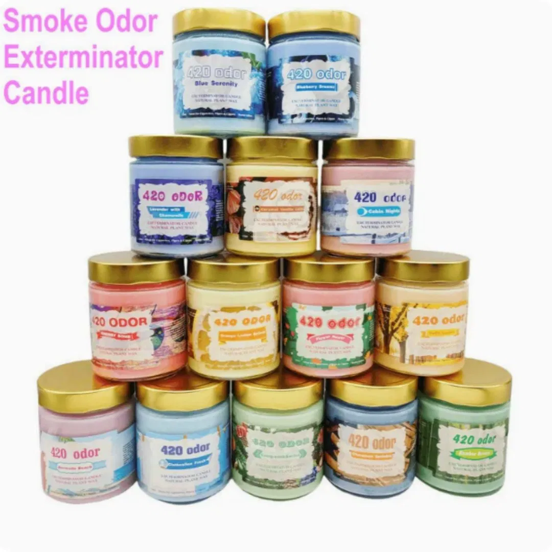 New Arrived Smoke 420 Odor Exterminator Glass Candle Jar 13 Oz Jar Candle Wax 14 Flavors