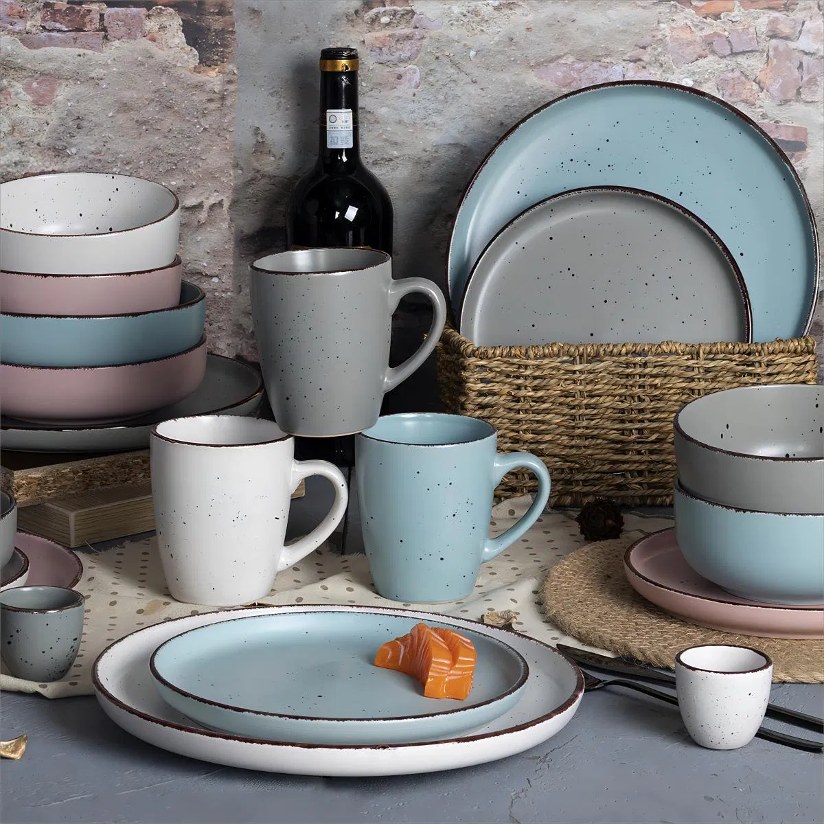 Eco-Friendly Multi Color Glazed Coupe Rustic Speckles Stoneware Dinnerware Sets Ceramic Tableware 24 Pieces Dinner Set