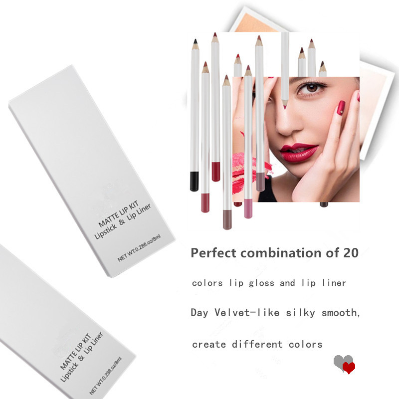 Matte Lip Gloss and Lip Liner Kit Liquid Lipgloss and Lipliner Pencil Lip Tint Makeup Cosmetic for Women Beauty