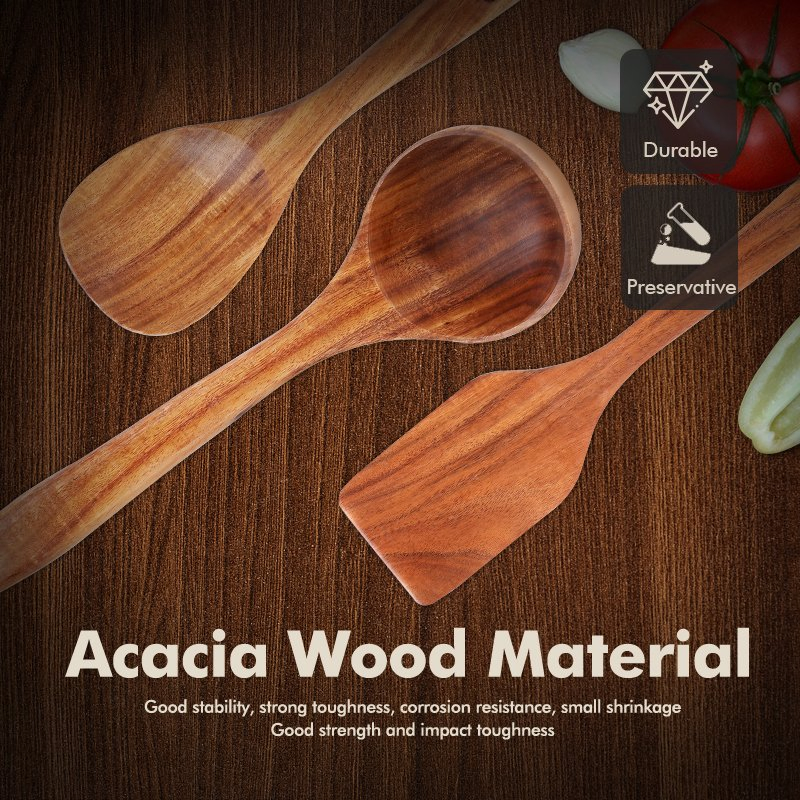 Kinggear Acacia Wooden Kitchen Utensils Set Wooden Utensils Set with Poon Spatula