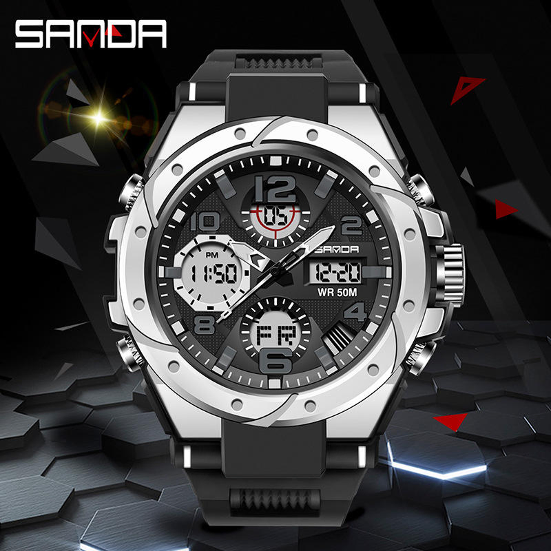 Sanda 6008 Calendar Waterproof Luminous Dual Display Electronic Sports Watch