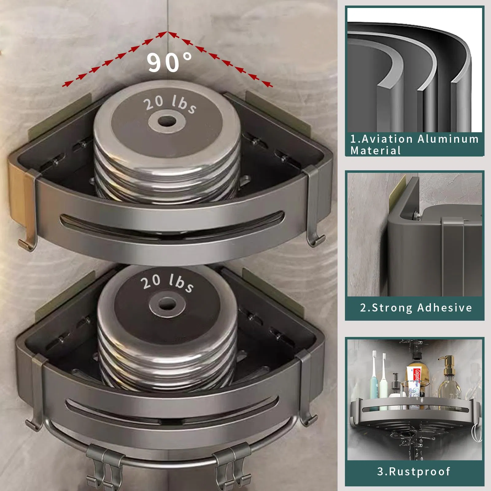 Corner Self Adhesive Bathroom Shelves Storage Holder Rust Proof Shower Bathtub Rack